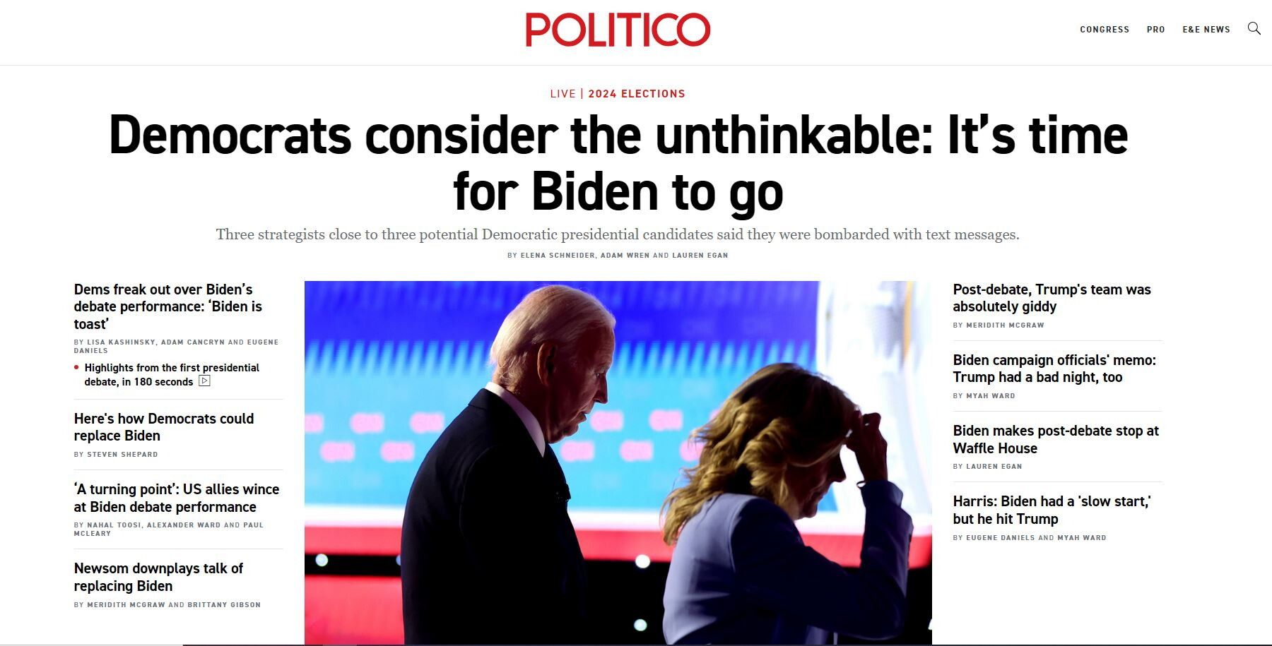 © Politico  | Politico: i democratici considerano l'opzione che fino a questo momento era "impensabile" e cioè che sia giunto il momento per Biden di farsi da parte 