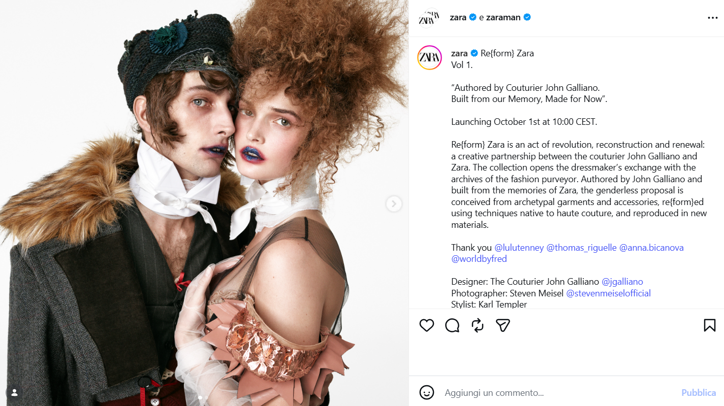 © Instagram | “Re{form} Zara, creata dallo stilista John Galliano. Nata dalla nostra memoria, pensata per il presente" - La prima collezione di John Galliano per Zara (credit: Zara - @zara, photographer: Steven Meisel - @stevenmeiselofficial)