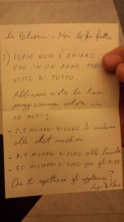 © facebook | ... la Polverini. Non lo ha fatto. 2) Forse non è chiaro che in un anno abbiamo visto di tutto. Abbiamo visto la tua maggioranza votare in 10 mesi:  - 2,5 miliardi di euro di condono alle slot machine  - 7,5 miliardi di euro alle banche - 50 miliardi di euro per gli F-35  CHE TI ASPETTAVI GLI APPLAUSI?  Luigi Di Maio.