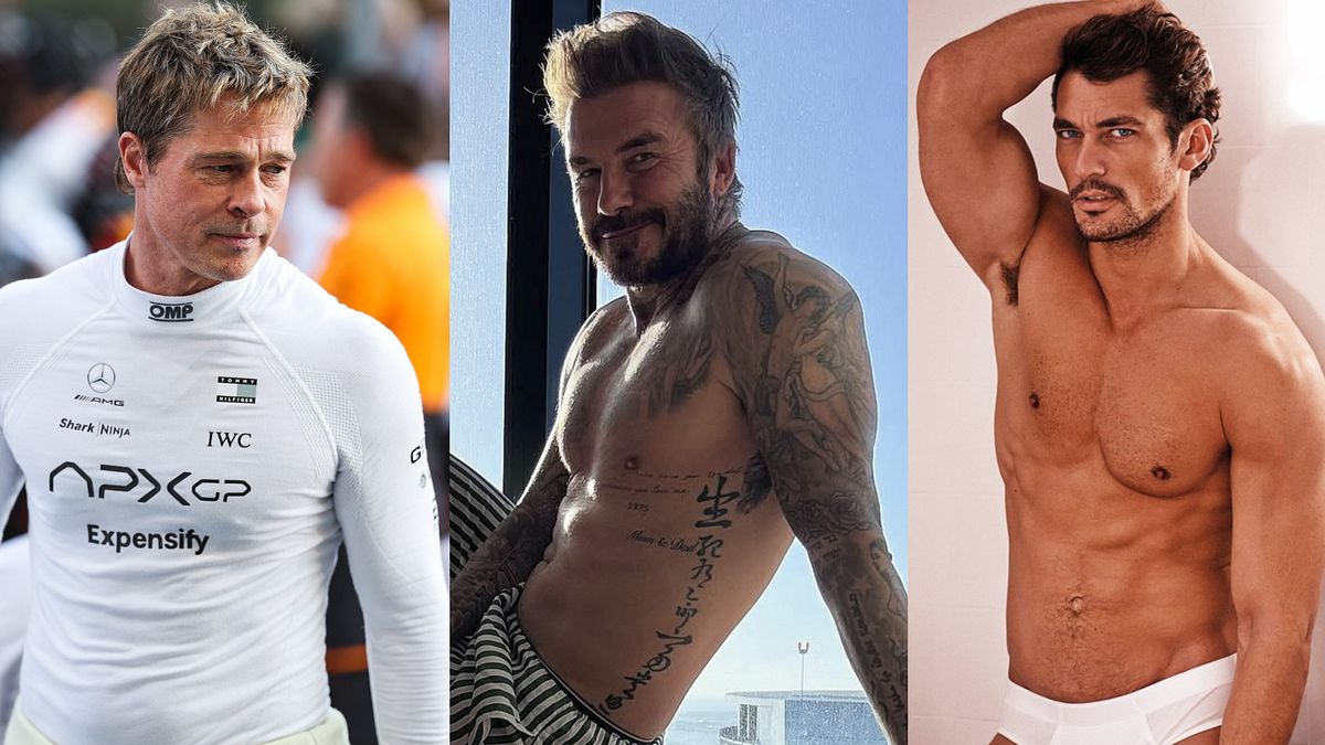 Brad Pitt in "F1: The Movie"; David Beckham dopo un workout; il supermodello David Gandy in una campagna di intimo maschile 