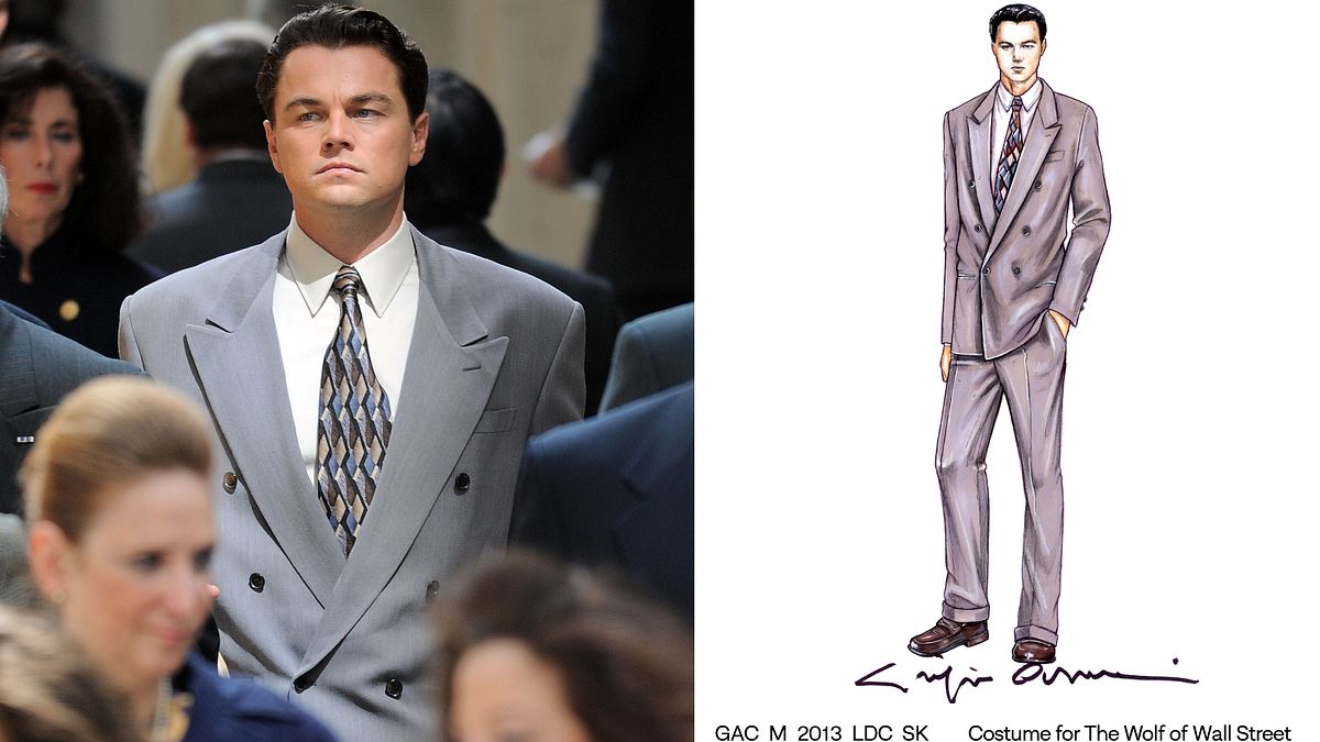 Leonardo DiCaprio in Giorgio Armani sul set di "The Wolf of Wall Street" e il bozzetto dello stilista (Armani/Archivio)