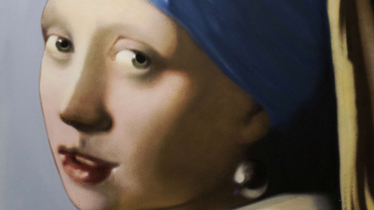  Andrea Ravo Mattoni, Vermeer, La ragazza con l'orecchino di perla, Spay su tela, 100x100 cm, 2022, Pop House Gallery