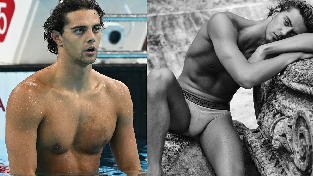 L'azzurro del nuoto Thomas Ceccon in vasca e in uno degli scatti della campagna Emporio Armani autunno che lo vedono protagonista (credit: Giampaolo Sgura)
