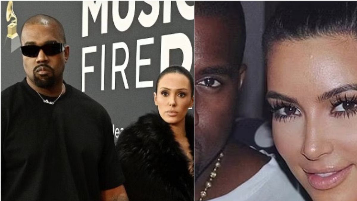 Kanye West con Kim Kardashian ( a destra) e con Bianca Censori (a sinistra)