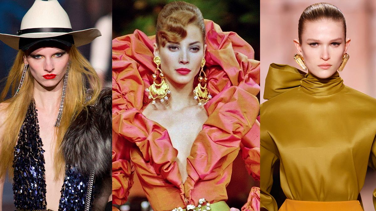 Due look di Dsquared2 e Yves Saint Laurent per l'autunno inverno 2025 e - al centro - la supermodella statunitense Christy Turlington in passerella tra gli anni Ottanta e Novanta