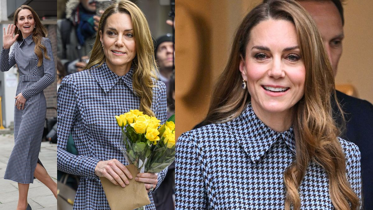 Londra, Kate Middleton in un abito pied de poule durante una visita ad Anna Freud, ente benefico per la salute mentale infantile