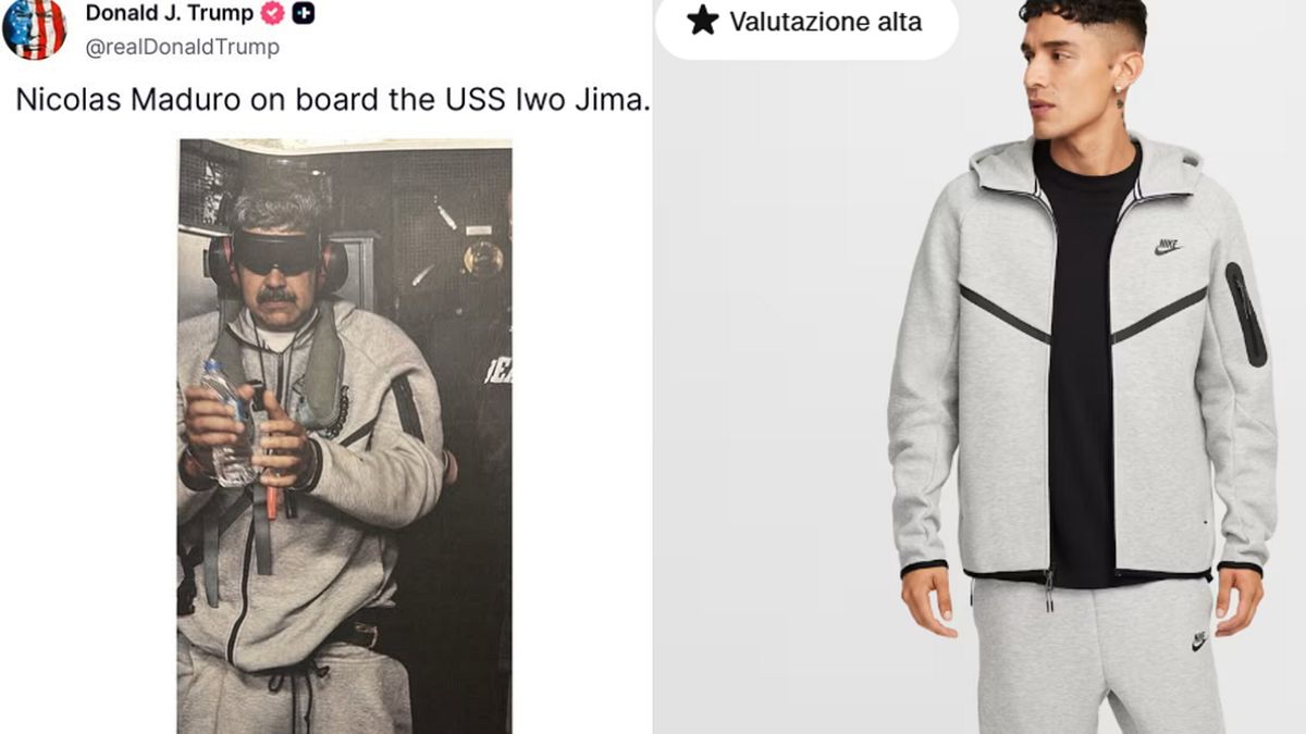 La foto della cattura di Nicolàs Maduro, pubblicata sull’account Instagram del presidente Usa Donald Trump. Il modello di tuta grigia indossata dall'ex presidente del Venezuela dal sito Nike