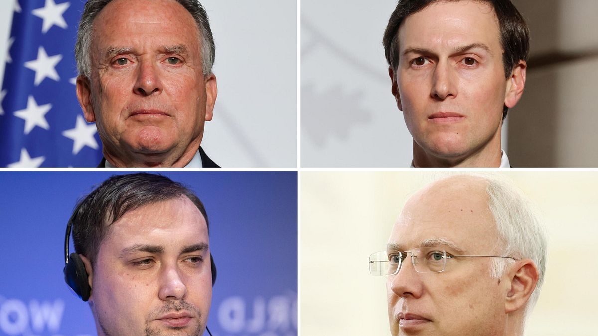 In alto, da sx Steve Witkoff e Jared Kushner; in basso da sx Kyrylo Budanov e Kirill Dmitriev