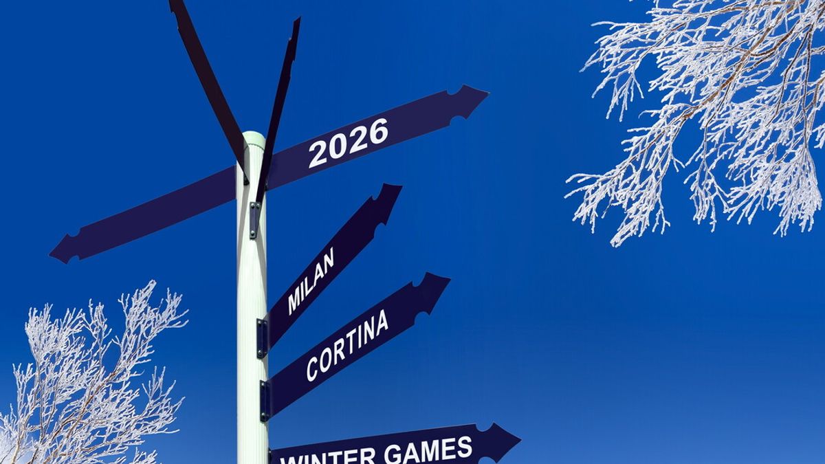 2026 Milan Cortina winter games written on direction signs, snowy trees, winter olympics celebration