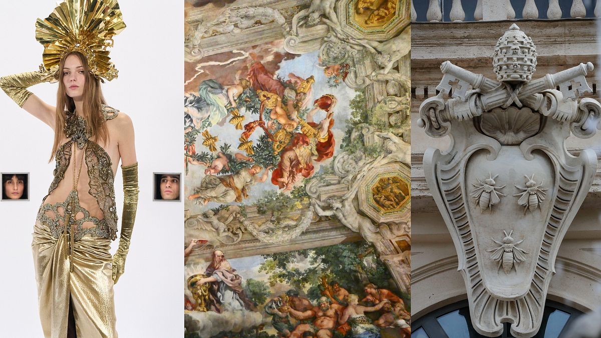 Un look Valentino Haute Couture SS26, una veduta dell'interno di Palazzo Barberini con "Il Trionfo della Divina Provvidenza" e lo stemma nobiliare della famiglia