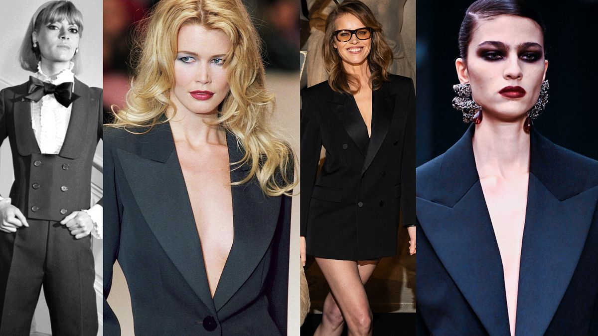 Il primo smoking da donna ideato da Yves Saint Laurent nel 1966, Claudia Schiffer in passerella per YSL nel 1996, Eva Herzigova ospite della sfilata Saint Laurent FW26-27 e una modella in passerella con un look di Anthony Vaccarello
