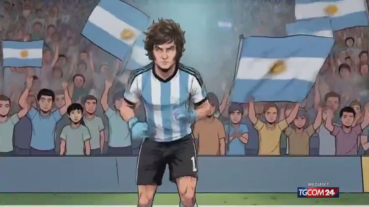 Milei festeggia i risultati economici diventando calciatore in un cartone