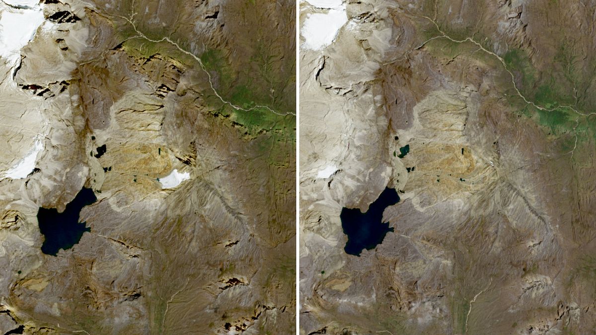 Le immagini satellitari ottenute dai dati Copernicus Sentinel 2026 ritraggono il ghiacciaio Cerros de la Plaza (a sinistra) con un leggero manto nevoso il 28 dicembre 2015 e senza manto nevoso il 28 febbraio 2026 nella Sierra Nevada del Cocuy, nel nord-est della Colombia.