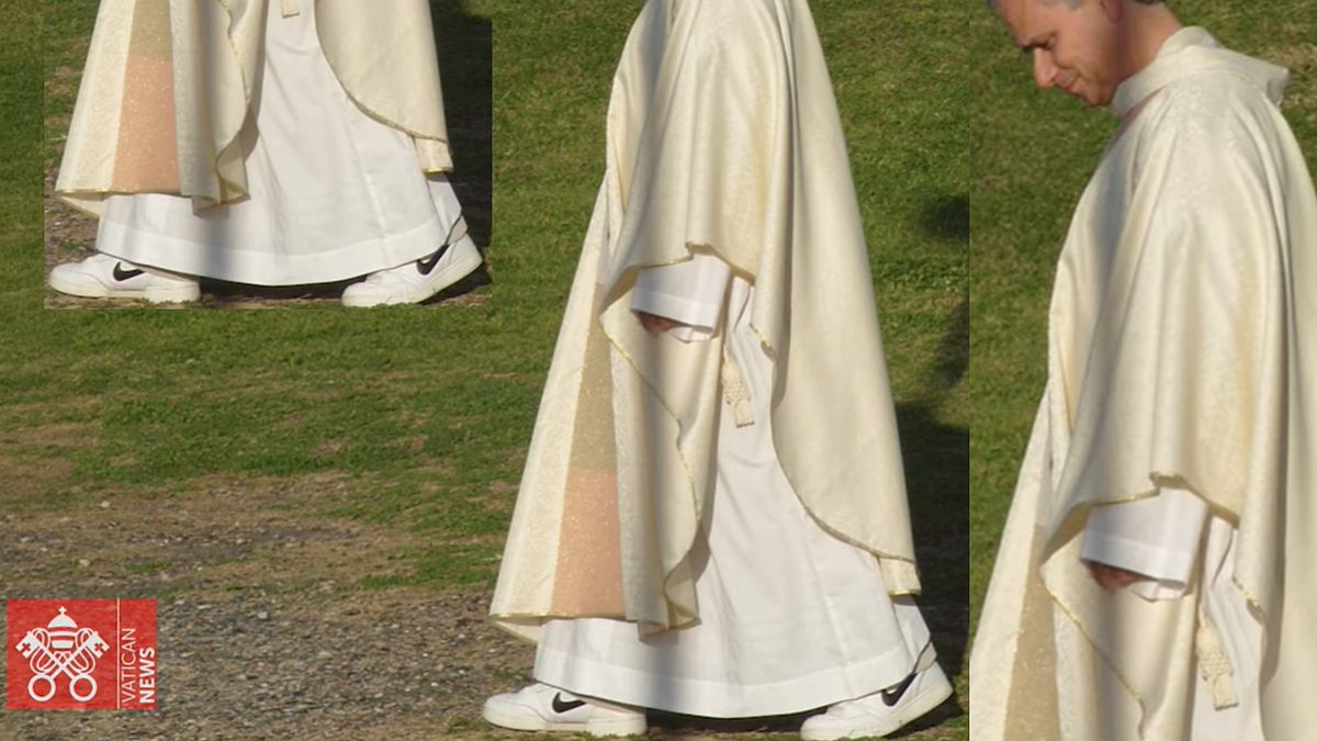 Papa Leone con le sneakers bianche da un fotogramma del trailer di "Leone a Roma", un documentario sugli anni di Prevost nella Città Eterna (Fonte: Vatican News, elaborazione grafica da YouTube)