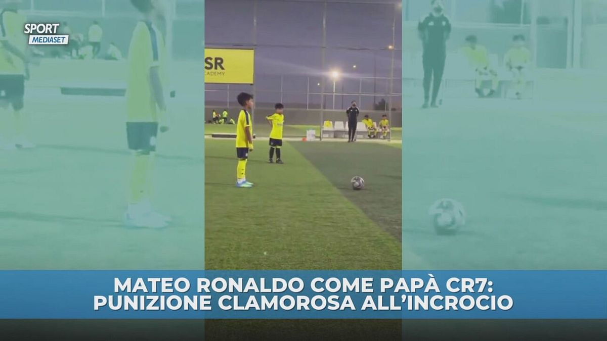 Mateo Ronaldo come papà CR7, punizione clamorosa