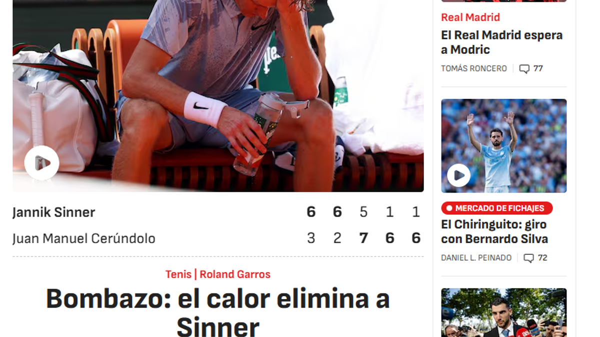 As (Spagna): "Notizia bomba, il caldo elimina Sinner"