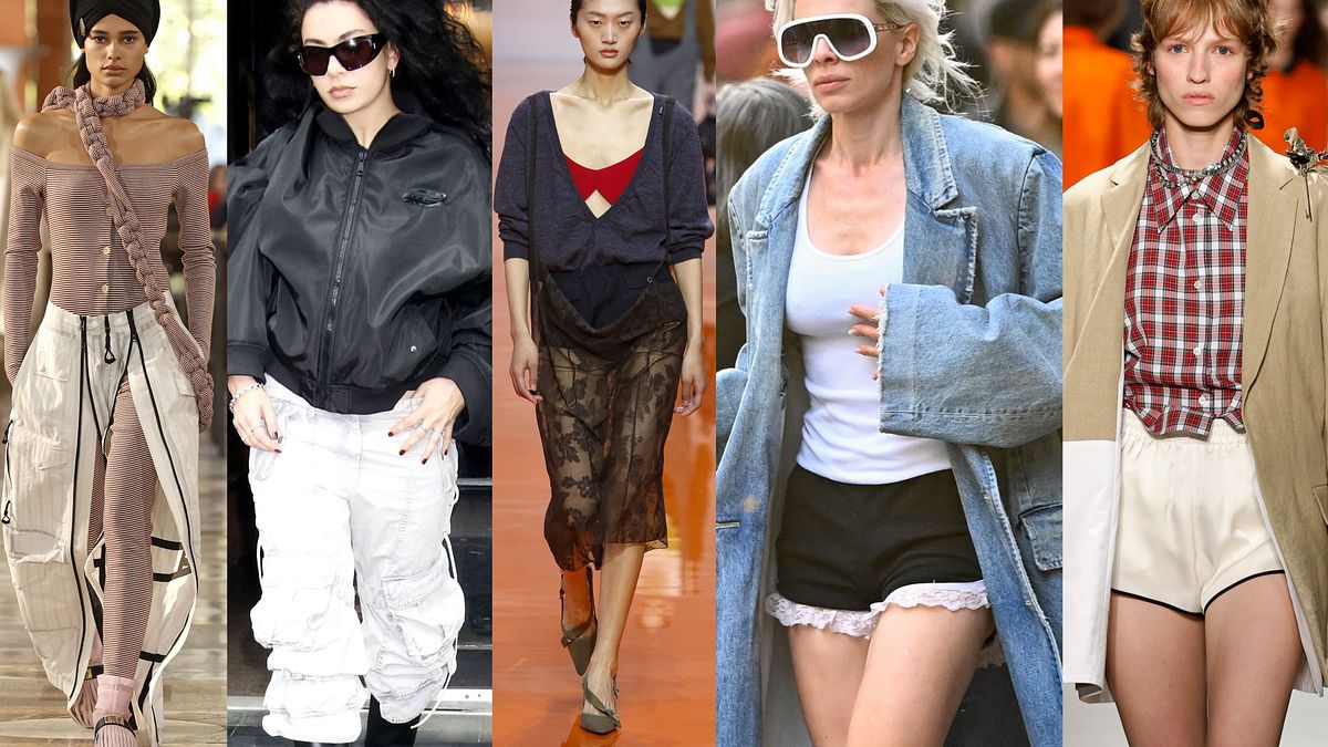 Ispirazioni "bloomers" dalle sfilate primavera estate 2026 allo street style: Louis Vuitton, un look di Charli XCX, Prada, un look di Julia Fox, N1