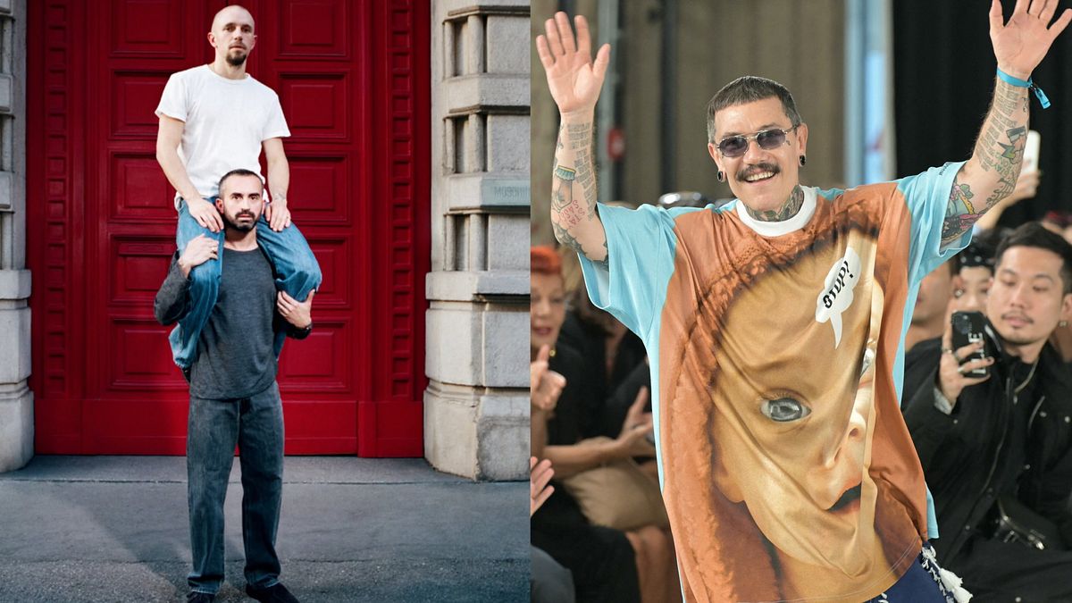 Loris Messina e Simone Rizzo ritratti da Dario Catellani davanti alla sede di Moschino e l'ex direttore creativo della maison Adrian Appiolaza