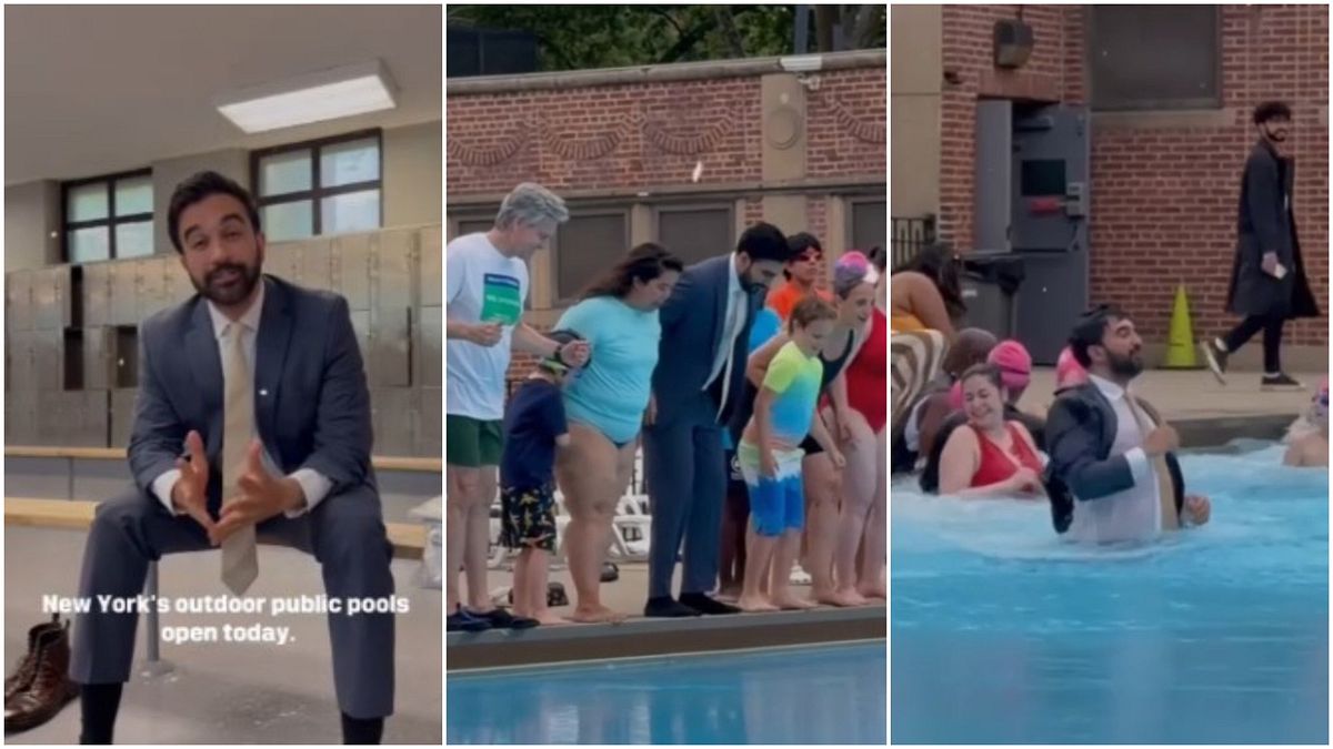Mamdani, tuffo in piscina in giacca e cravatta