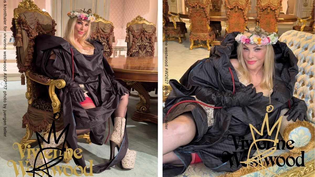 Ilona Staller Cicciolina in due scatti da Instagram della nuova campagna Vivienne Westwood collezione autunno inverno 2026-2027, scattata da Juergen Teller (@viviennewestwood)