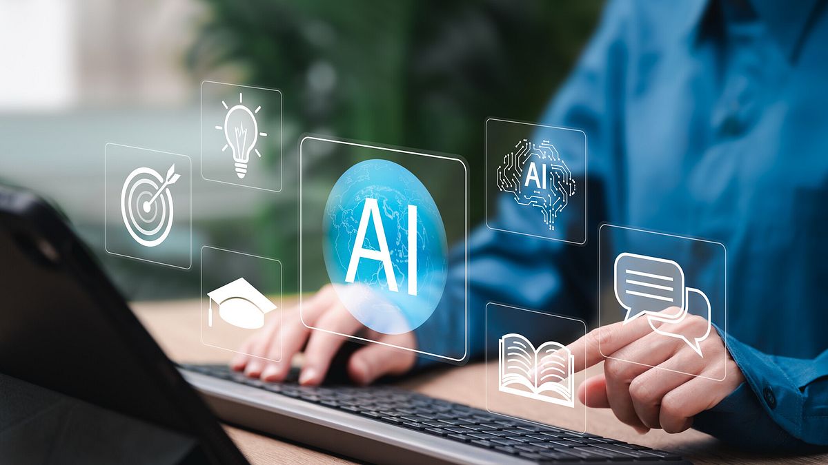 AI Technology Learning Concept, Businesswoman Developing Skills with Artificial Intelligence, Digital Transformation, Knowledge Growth, Smart Training, Future Innovation, Human and AI Collaboration