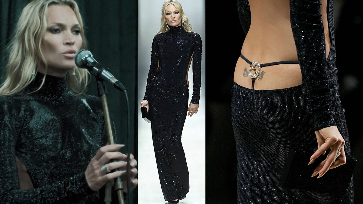 Kate Moss per Gucci Primavera by Demna: un fotogramma del video della nuova campagna e la super top nello stesso look in passerella durante la sfilata di presentazione della collezione (courtesy of Gucci)