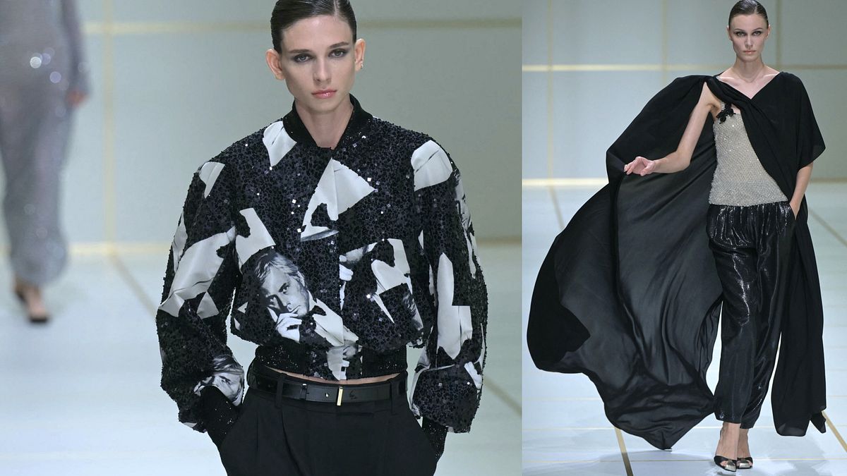 Giorgio Armani collezione primavera estate 2027: due look dalla sfilata. Sul primo, si riconosce il volto dello stilista