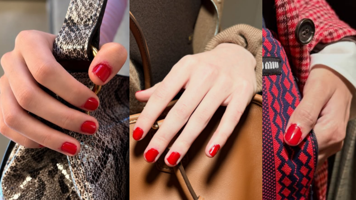 Lo smalto rosso messo male dai look della collezione primavera estate 2027 di Miu Miu, realizzati dalla nail artist Mei Kawajiri (credit: @nailsbymei)
