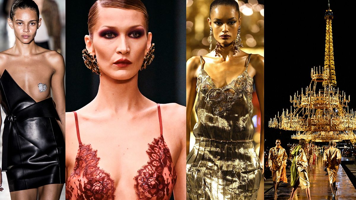 Saint Laurent by Anthony Vaccarello: un look dalla sua prima sfilata per la maison, per la primavera estate 2017, Bella Hadid per l'autunno inverno 2026, una creazione primavera estate 2027 e il finale dell'ultima sfilata a Parigi con la Tour Eiffel sullo fondo