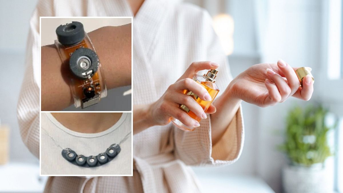 Due delle applicazioni del "telefono degli odori", sotto forma di braccialetto o collana