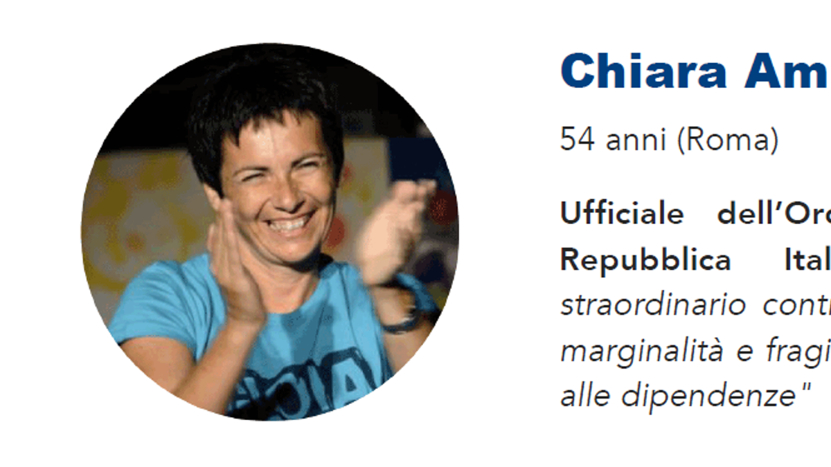 Chiara Amirante, 54 anni (Roma), fondatrice e presidente della Comunità Nuovi Orizzonti e Consultrice di due Pontifici Consigli della Santa Sede