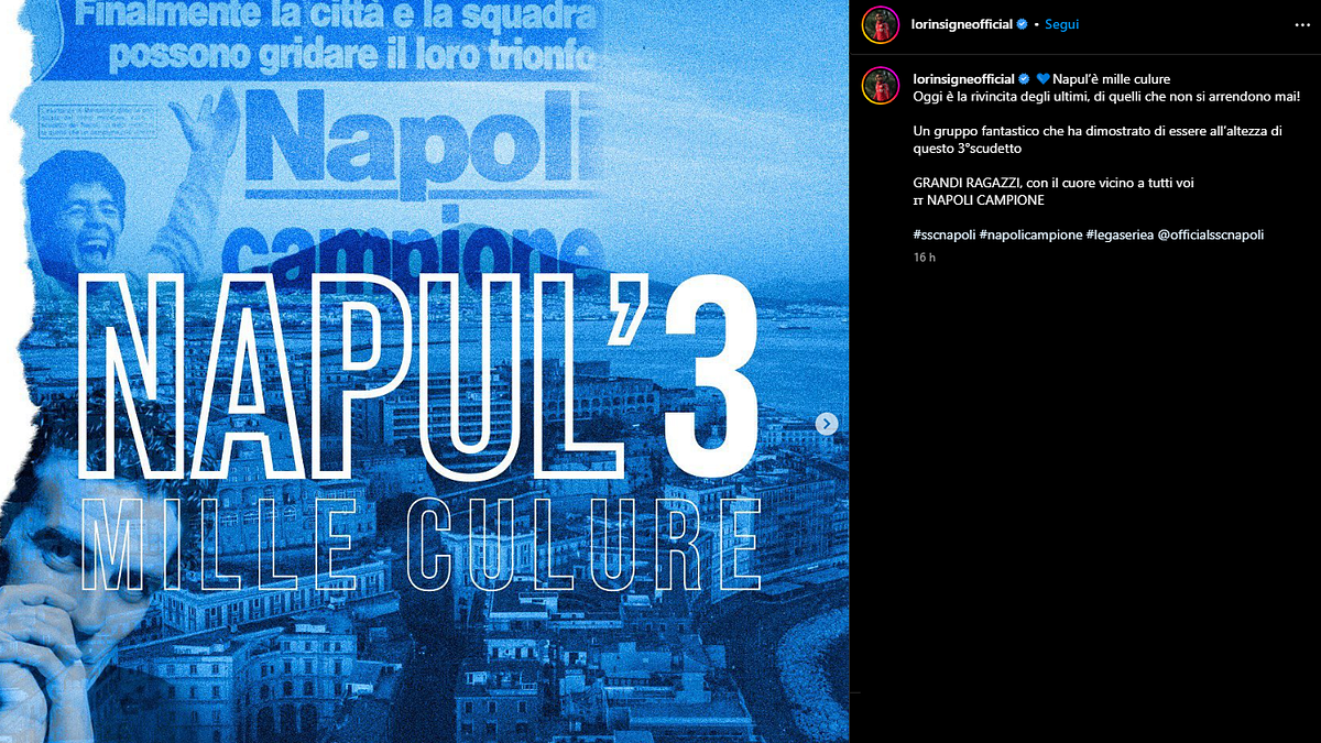 Lorenzo Insigne: "Napul'è mille culure. Un gruppo fantastico che ha dimostrato di essere all'altezza di questo terzo scudetto. Grandi ragazzi, con il cuore vicino a tutti voi, Napoli campione". 