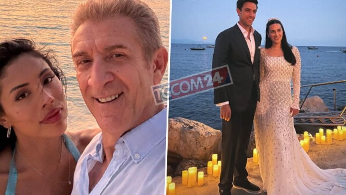 Ezio Greggio con la fidanzata alle nozze (bis) del figlio