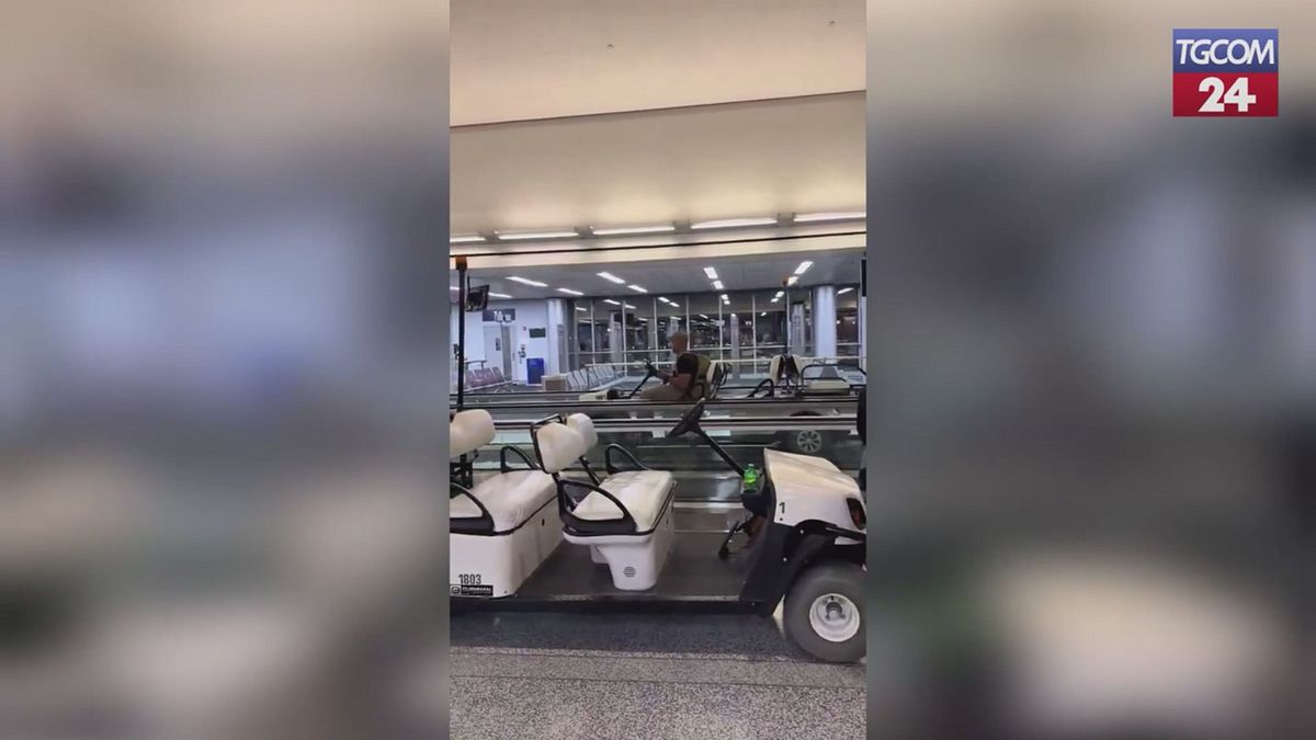 usa in aeroporto ruba il carrello per i bagagli e lo guida su un tappeto mobile