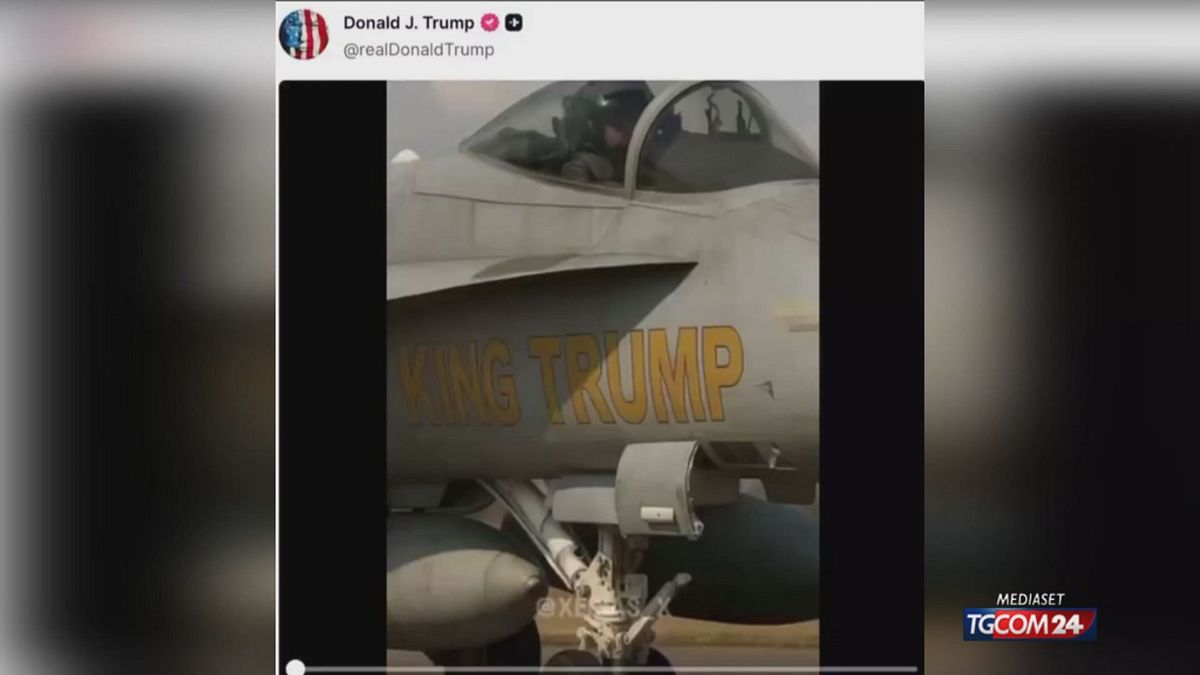 trump su un jet con corona bombarda i no kings di liquami
