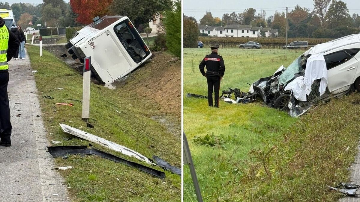 Scontro tra bus con 50 studenti a bordo e auto, un morto nel Trevigiano