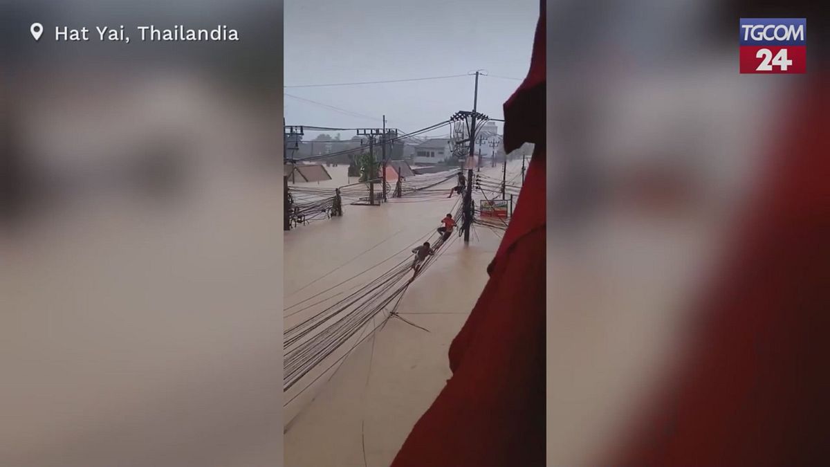 Thailandia, si arrampicano sui cavi per sfuggire alle alluvioni
