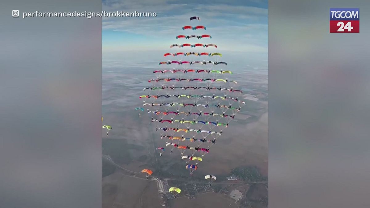 Record nei cieli della Florida: 104 paracadutisti in volo formano un trapezio perfetto