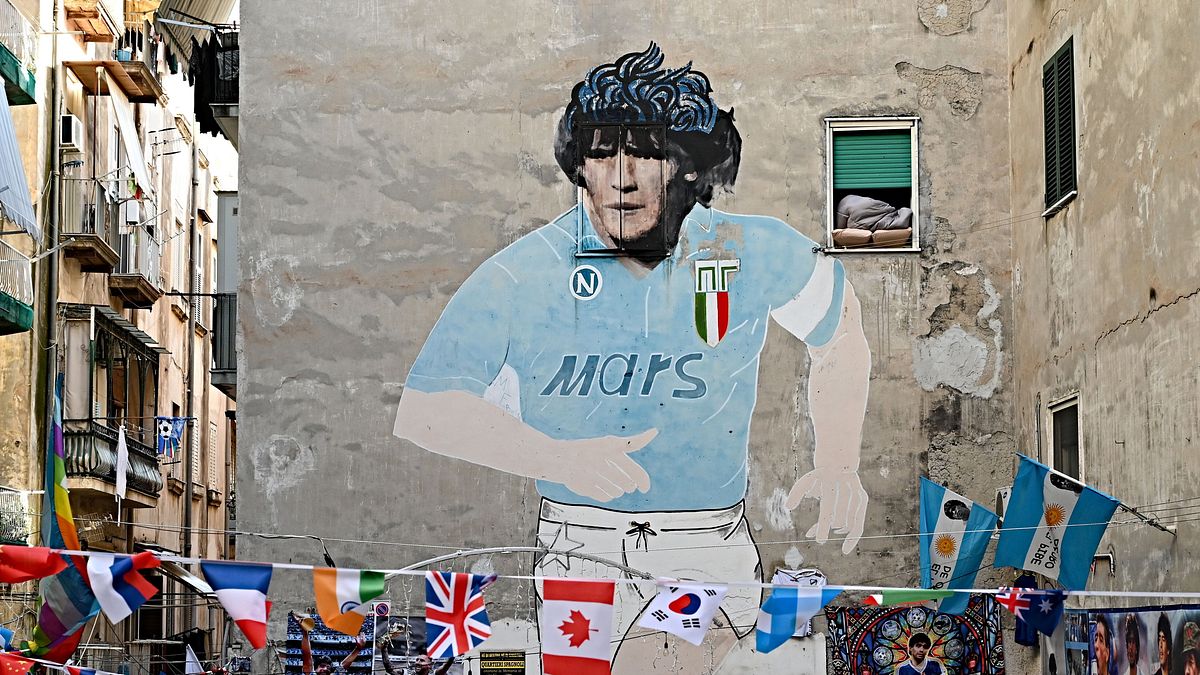 Colorful street art and Maradona mural in Quartieri Spagnoli