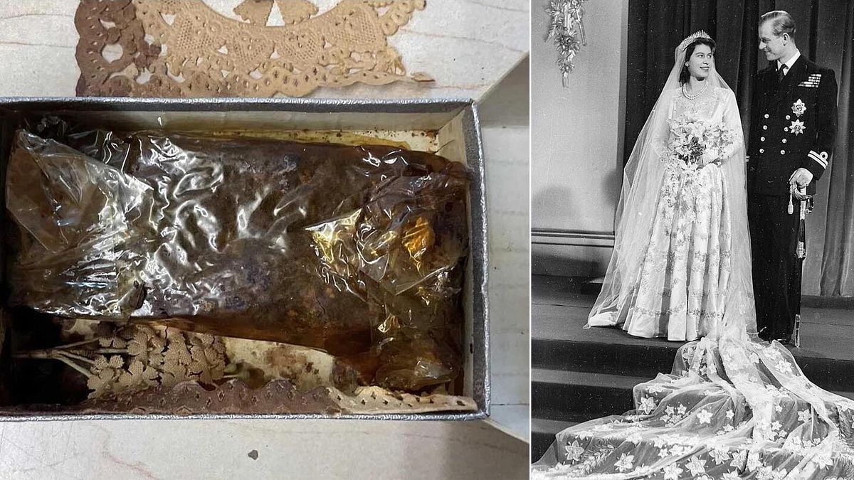 Elisabetta e Filippo si sposarono il 20 novembre 1947. A sinistra, la fetta della loro torta nuziale battuta dalla casa d'aste Reeman Dansie Auctioneers di Colchester © Dal Web