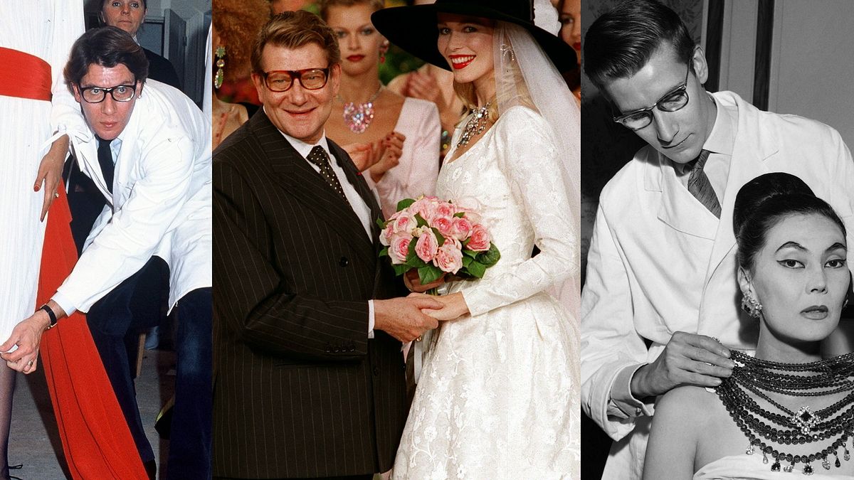 Yves Saint Laurent nel suo atelier a Parigi nel 1979, con Claudia Schiffer al termine di una sfilata nel 1997, con una modella nel 1959 © Afp\IPA\IPA