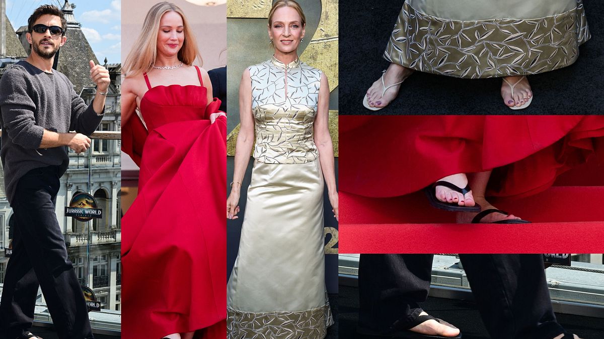 In infradito su red carpet e premiere cinematografiche: Jonathan Bailey, Jennifer Lawrence, Uma Thurman © IPA