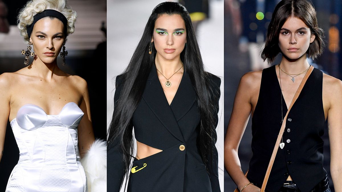 Tre look vintage dalle sfilate del passato: Vittoria Ceretti in passerella per Dolce&Gabbana SS 2025, Dua Lipa per Versace SS 2022 e Kaia Gerber per Saint Laurent SS 2020 © Catwalk Pictures