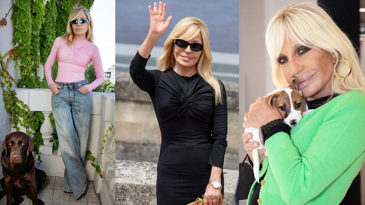 Donatella Versace in uno scatto recente su Instagram, ospite alle sfilate di Parigi lo scorso giugno e in una foto sui social del 2021 © IPA