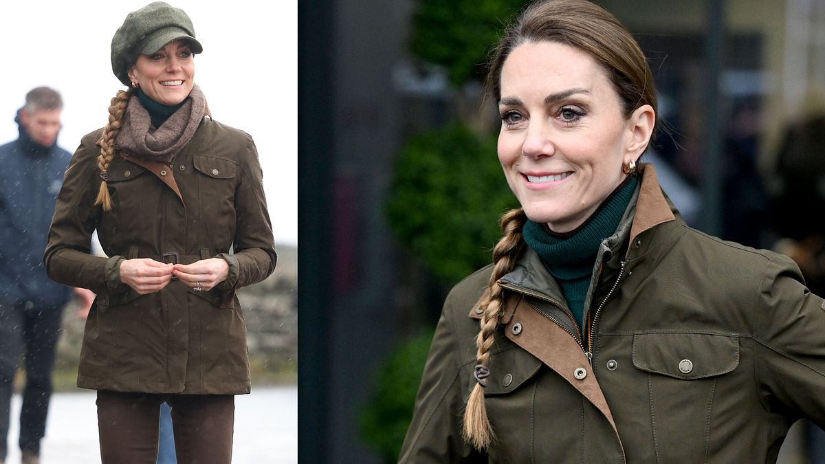 Peak District, la principessa del Galles Kate Middleton con treccia, coppola e sciarpa durante una passeggiata di beneficenza e a Wakefield, per una partita al Trinity Rugby League Club © IPA