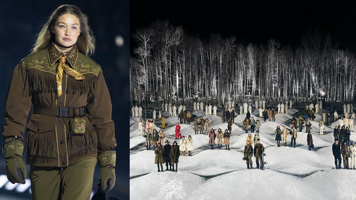 Gigi Hadid in passerella e il finale della sfilata di presentazione ad Aspen della collezione autunno inverno 2026 di Moncler Grenoble © Ufficio stampa