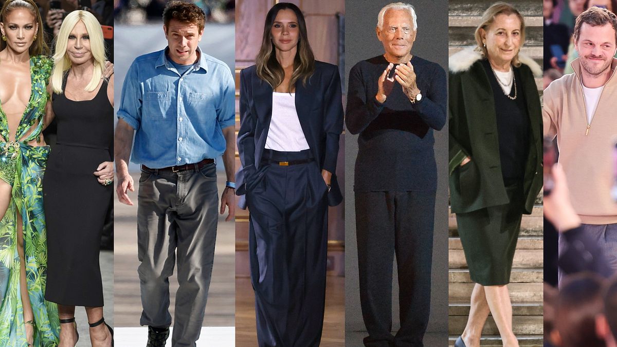 Da sinistra: Donatella Versace (in un finale di sfilata con Jennifer Lopez), Jonathan Anderson, Victoria Beckham, Giorgio Armani, Miuccia Prada, Matthieu Blazy © IPA/IPA/IPA/Afp/Afp/IPA