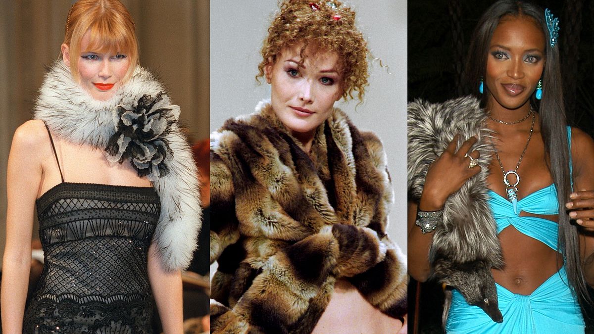 Le top model icone degli anni Novanta Claudia Schiffer, Carla Bruni e Naomi Campbell in passerella con le pellicce in tre scatti d'archivio  © Afp
