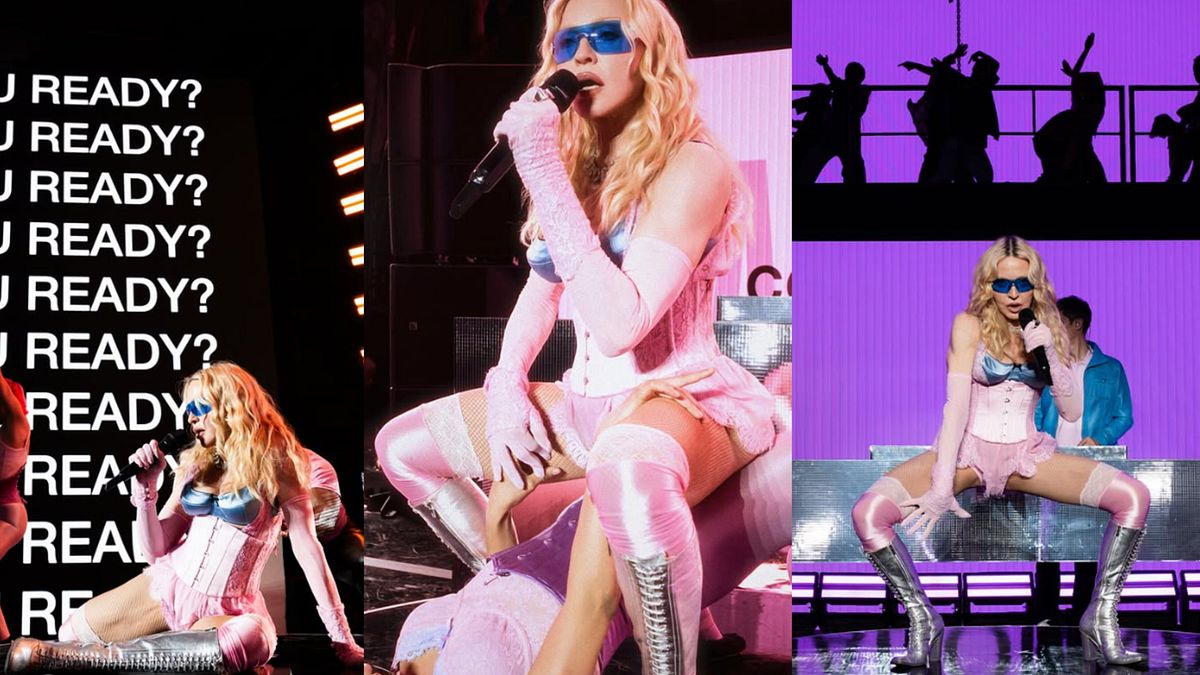 Tre momenti della performance a sorpresa di Madonna sul palco di Times Square a New York per il Pride Month (dall'account Instagram ufficiale dell'artista, @madonna) © Instagram
