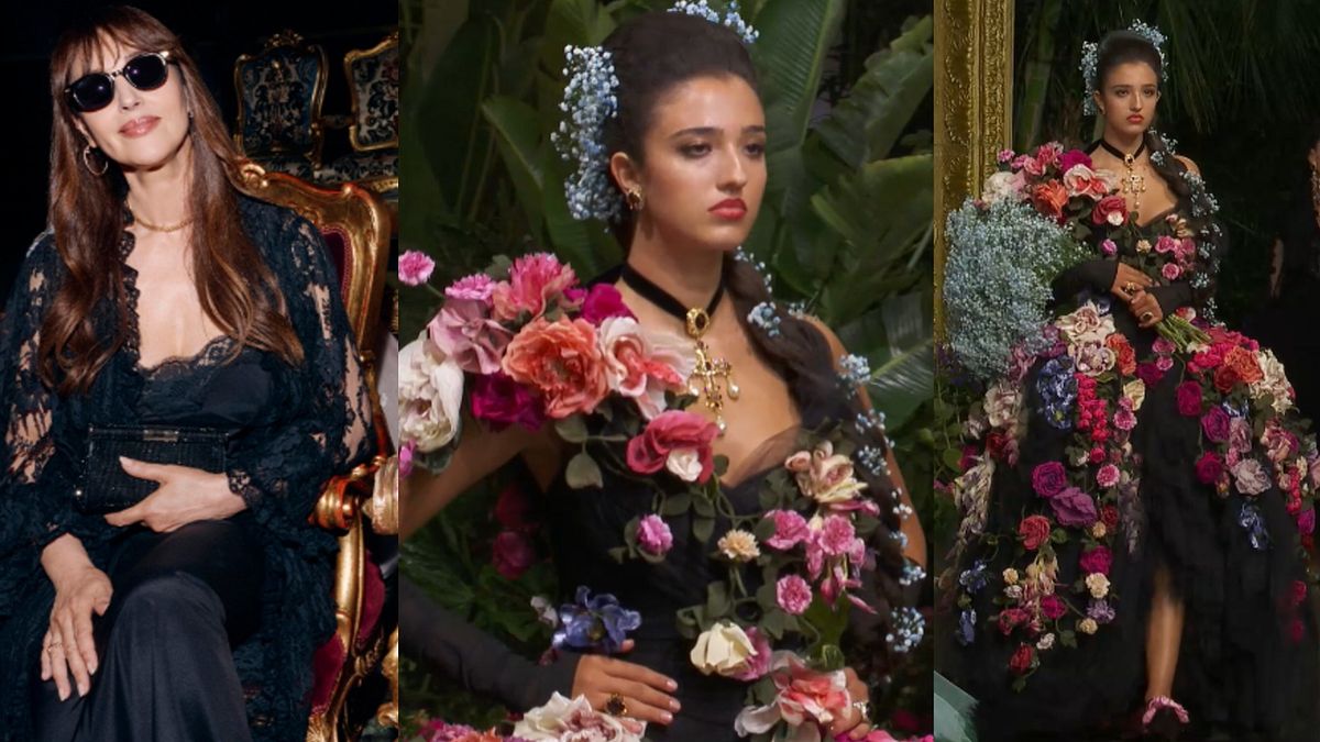 Monica Bellucci nel front row della sfilata Dolce&Gabbana Alta Moda a Taormina e la sua secondogenita Léonie Cassel al suo debutto in passerella (foto dall'account Instagram ufficiale @dolcegabbana e dal sito ufficiale della maison) © Instagram/sito ufficiale